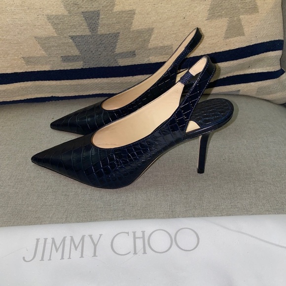 Jimmy Choo Ivy 85 Navy croc embossed leather slingback pumps NWT sz 5/35 - Picture 4 of 12